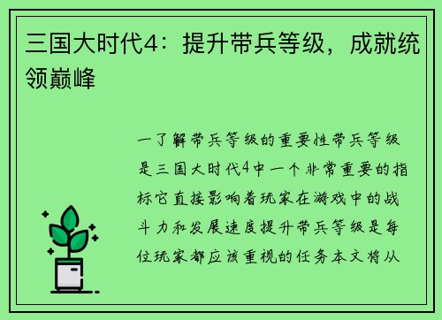三国大时代4：提升带兵等级，成就统领巅峰